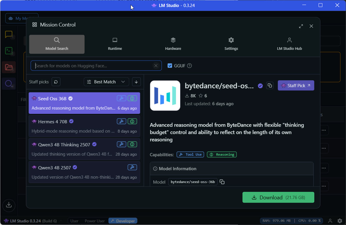 LM Studio Discover tab showing available models